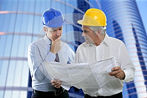 Engineer architect two expertise team plan hardhat