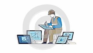 Architect engineer creating blueprint design on digital tablet