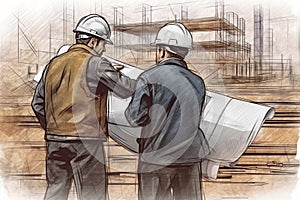 Engineer and architect wearing safty helmet holding blueprint discussing at construction site, teamwork, industry, construction,