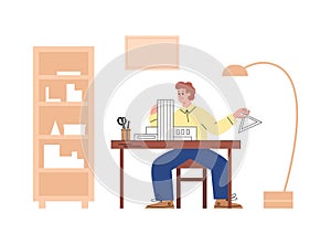 Engineer or architect working on project, flat vector illustration isolated.