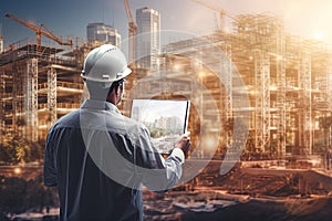 Engineer or architect working with tablet computer at construction site. Engineering and architecture concept, AI Generate