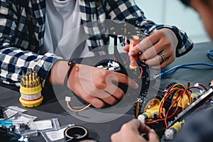 Engineer Asian Students Assembling Robotics Kits. Learning Mechanical Control, Robotics combines computer, electrical, mechanical