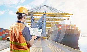 Engineer or asian worker work at container terminal port