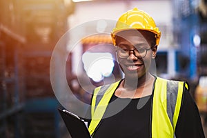 Engineer black women worker, Professional woman afican mechanical maintenance work in factory