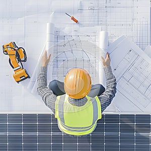 Engineer with blueprints at construction site