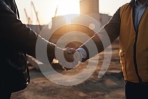 Engineer and businessman handshake at construction site AI generated