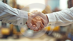 Engineer and Businessman Shaking Hands at Construction Site on a Bright Sunny Day, Emphasizing Collaboration and