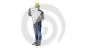 Engineer checking plan on construction site on white background.