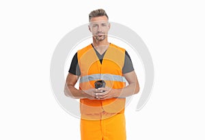 Engineer with coffee isolated on white, studio. Man in safety vest having coffee break