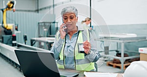 Engineer, computer and woman in phone call while working in business project, building and trade industry. Senior person