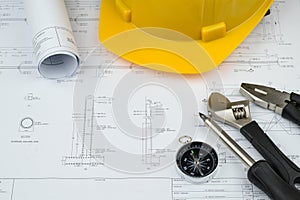 engineer construction business work concept : engineering blueprint diagrams paper drafting and industrial equipment