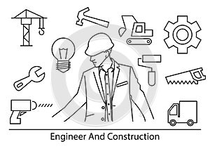 Engineer and construction icons,cunstruction crane,wrench,screwdriver,bulb,hammer,dozer,brush,gears, saw,truck,vector