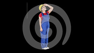 Engineer construction worker woman looking up at a building or statistics or graph laughing in the end, Alpha Channel