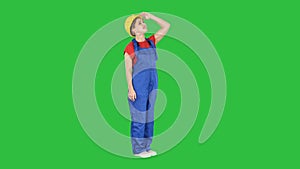 Engineer construction worker woman looking up at a building or statistics or graph laughing in the end on a Green Screen