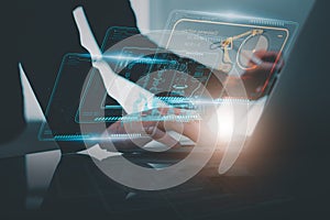 Engineer control automated robot arm machine in factory,smart visual interface screen artificial intelligence or AI,machine