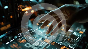 Engineer controlling futuristic touchscreen interface in high tech laboratory