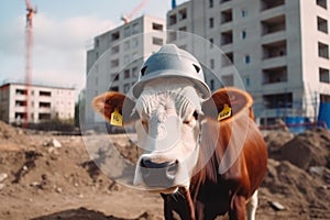 Engineer cow in a work helmet on a construction site. Construction of a large house from cement