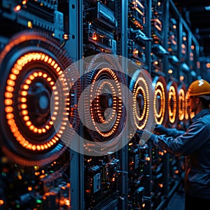 Engineer in a data center working on illuminated servers, highlighting cutting-edge technology, network infrastructure, and server