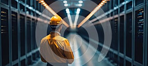 Engineer In Datacenter With Supercomputer Servers, Big Data, Technology, Artificial Intelligence