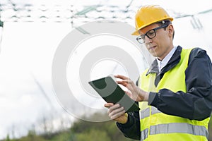 Engineer with digital tablet on a background of power line tower