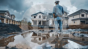 an engineer dressed in jeans and a shirt, donning a white helmet, standing in front of an unfinished house under