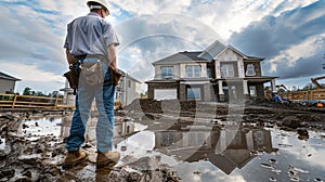 an engineer dressed in jeans and a shirt, donning a white helmet, standing in front of an unfinished house under