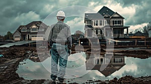 an engineer dressed in jeans and a shirt, donning a white helmet, standing in front of an unfinished house under