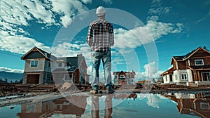 an engineer dressed in jeans and a shirt, donning a white helmet, standing in front of an unfinished house under