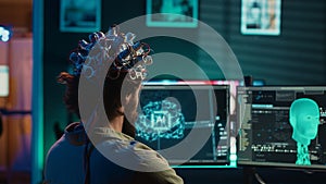 Engineer with EEG headset on merging with artificial intelligence