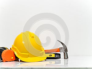 Engineer equipment tools put on white marble counter.