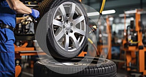 An Engineer Expertly Balancing a Car Wheel on a Workshop Balancer