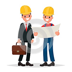 Engineer and foreman discuss draft building. Vector illustratio