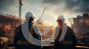 Engineer and foreman working on a construction site at sunset. Generative AI.