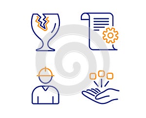 Engineer, Fragile package and Technical documentation icons set. Consolidation sign. Vector