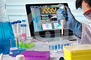 Engineer genetic working in laboratory with pipette
