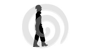 Engineer girl carries in a hand saw for its builders. Silhouette. White background. Side view