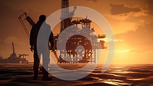 An engineer in a hard hat stands in front of an oil-producing industrial