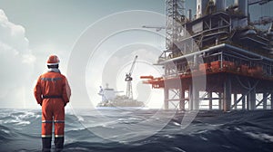 An engineer in a hard hat stands in front of an oil-producing offshore platform. Factory worker with equipment for oil