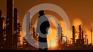 An engineer in a hard hat stands in front of an oil refinery petrochemical chemical industrial plant with equipment. AI