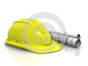 Engineer helmet and blueprints