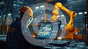 An engineer in a high-tech manufacturing setting is programming or operating advanced automated machinery using a
