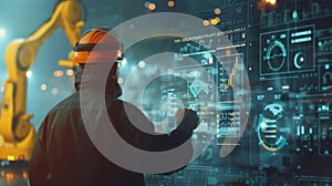 An engineer in a high-tech manufacturing setting is programming or operating advanced automated machinery using a