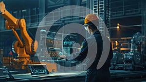 An engineer in a high-tech manufacturing setting is programming or operating advanced automated machinery using a
