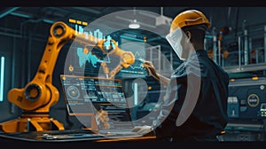 An engineer in a high-tech manufacturing setting is programming or operating advanced automated machinery using a
