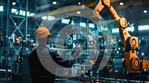 An engineer in a high-tech manufacturing setting is programming or operating advanced automated machinery using a