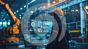 An engineer in a high-tech manufacturing setting is programming or operating advanced automated machinery using a