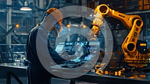An engineer in a high-tech manufacturing setting is programming or operating advanced automated machinery using a