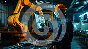An engineer in a high-tech manufacturing setting is programming or operating advanced automated machinery using a