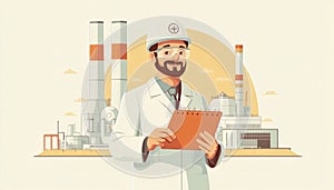 Engineer holding clipboard and inspecting modern factory building