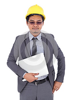 Engineer holding laptop isolated on white background